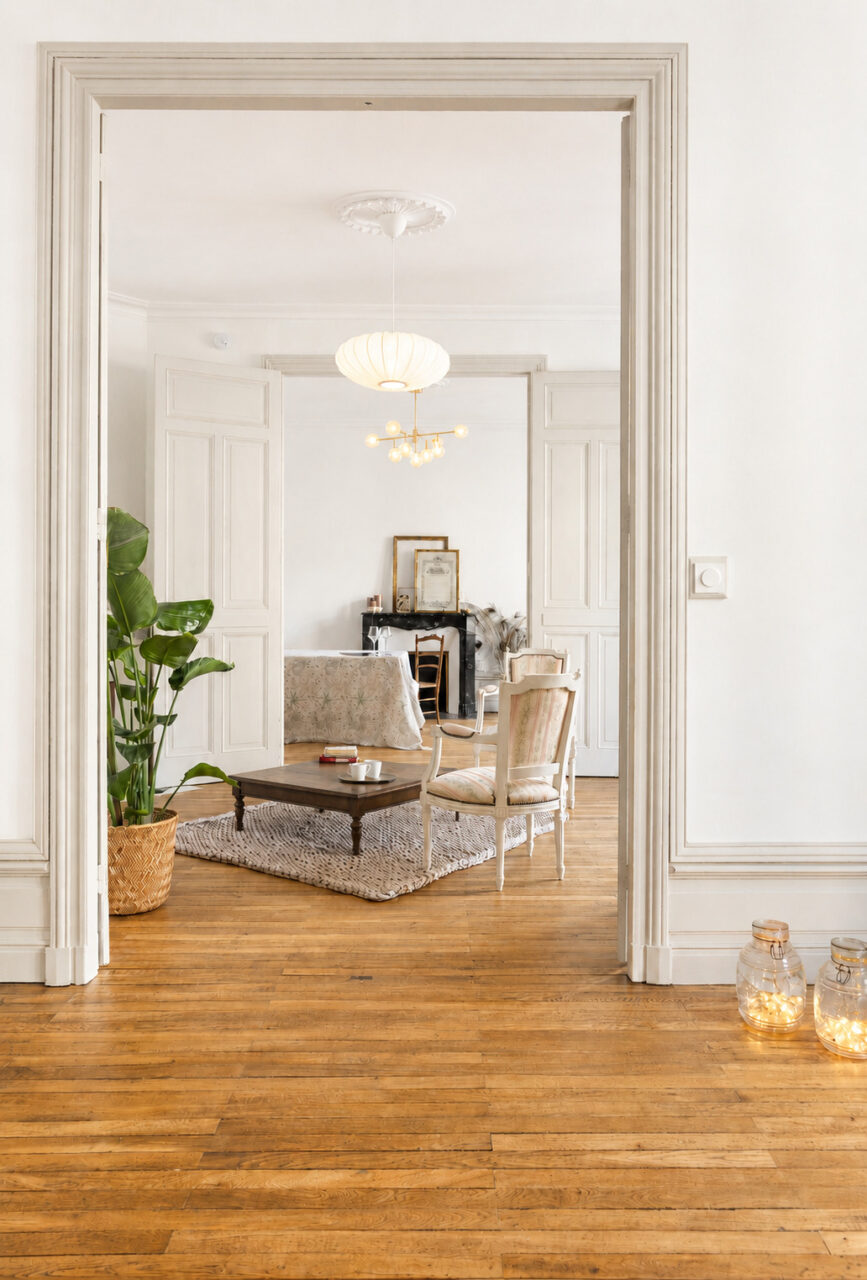 Enfilade des salons avec parquet ancien restauré et volumes traversants après rénovation à Nantes.