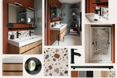 Planche d'ambiance présentant les matériaux, couleurs, robinetterie noire, meuble vasque en bois et faïence terrazzo d'une salle d'eau optimisée à Vigneux-de-Bretagne conçue par Home & Conscience.