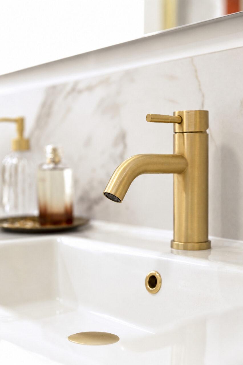 Robinet de lavabo en finition laiton brossé installé lors d'une rénovation d'appartement ancien à Nantes.