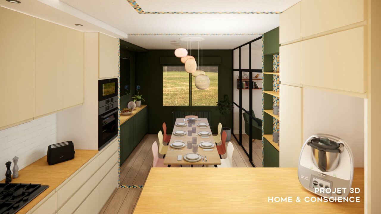 Salle à manger conviviale créée lors de l'agrandissement d'une cuisine dînatoire à Nantes avec mobilier coloré et lumière naturelle.