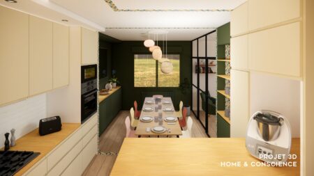 Salle à manger conviviale créée lors de l'agrandissement d'une cuisine dînatoire à Nantes avec mobilier coloré et lumière naturelle.