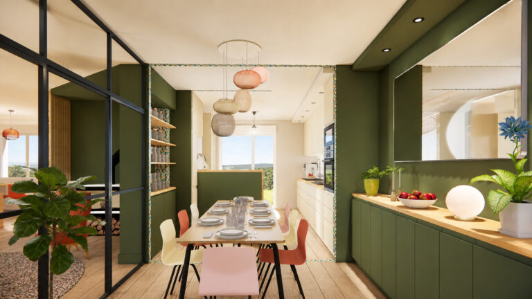 Salle à manger intégrée à l'agrandissement de la cuisine dînatoire à Nantes avec luminaires en verre soufflé et mobilier coloré.