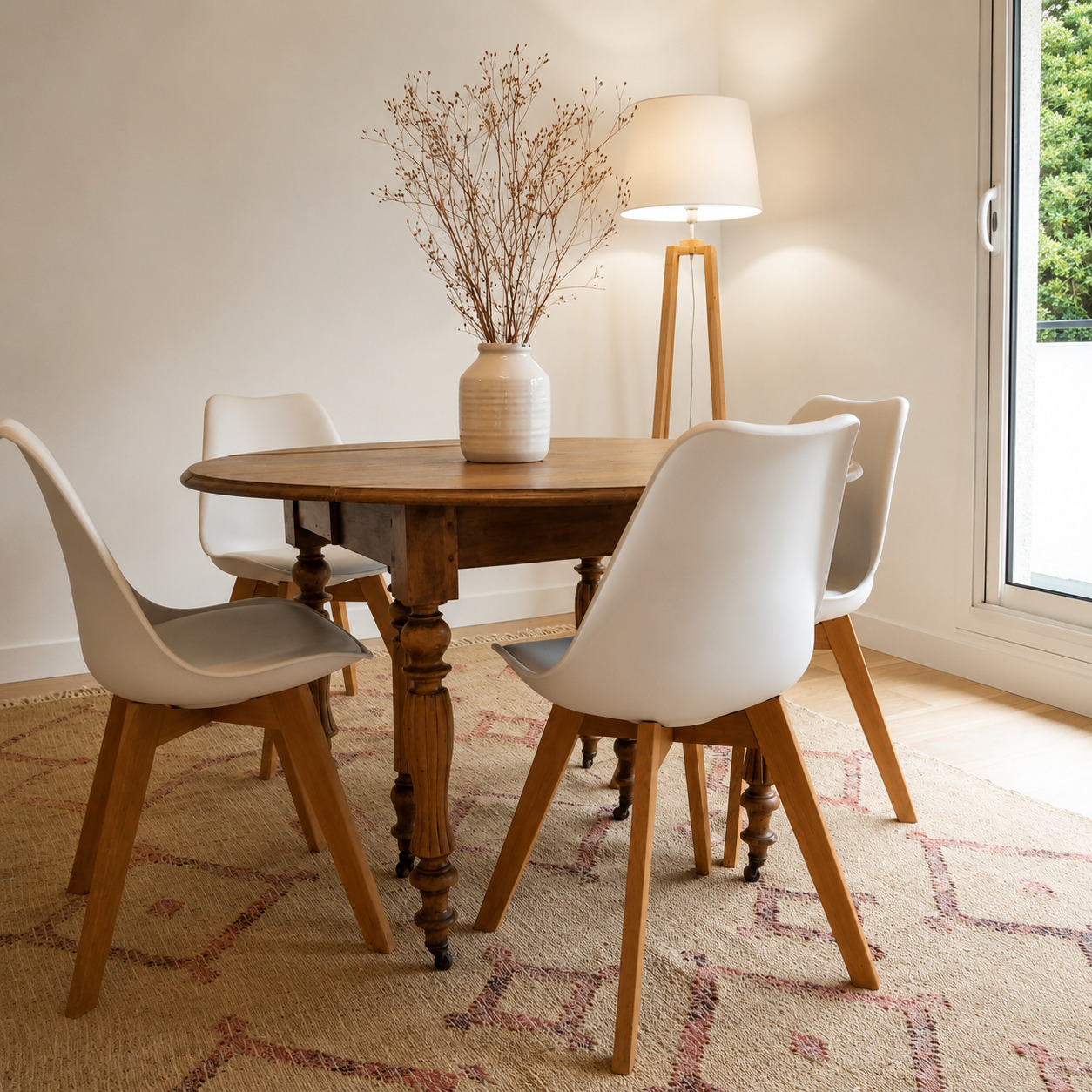 Salle à manger lumineuse rénovée après sinistre à Nantes vue depuis le salon avec mobilier mêlant ancien et contemporain.