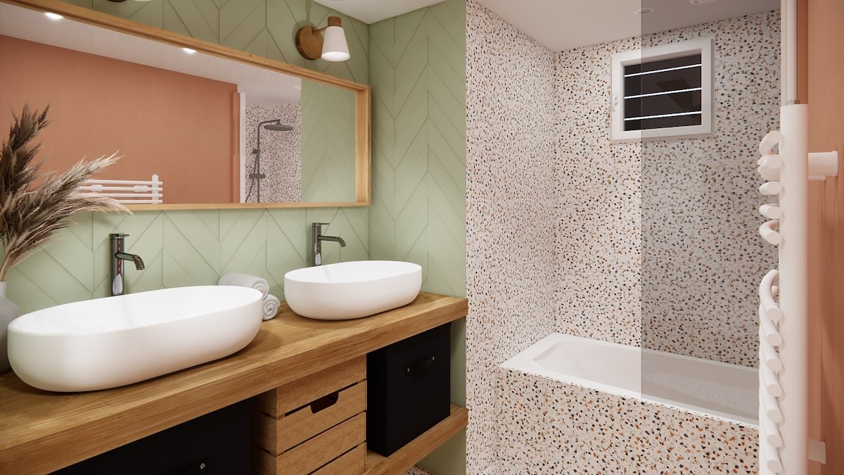 Salle de bain de suite parentale mezzanine Orvault avec baignoire habillée de terrazzo et meuble double vasque en bois