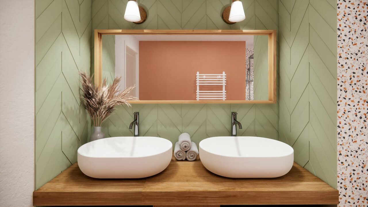 Double vasque contemporaine, miroir encadré de bois et faïence vert sauge dans une suite parentale mezzanine Orvault