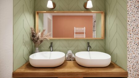 Double vasque contemporaine, miroir encadré de bois et faïence vert sauge dans une suite parentale mezzanine Orvault