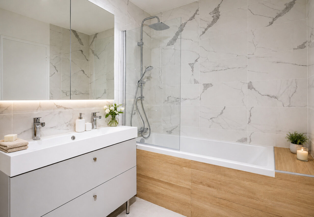 Salle de bains rénovée avec baignoire, meuble double vasque et faïence effet marbre lors d'une rénovation d'appartement après sinistre à Nantes.