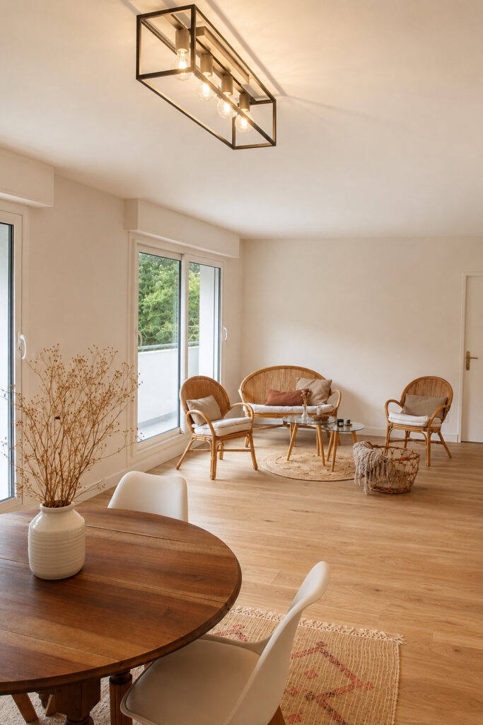 Pièce de vie lumineuse avec salon en rotin, parquet bois et grandes baies vitrées après rénovation complète d'un appartement à Nantes.