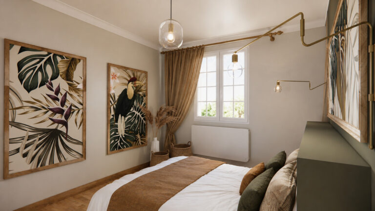Vue d'ensemble de la chambre de la suite parentale avec dressing, décoration exotique, tête de lit sur mesure et tableaux végétaux à Saint-Sébastien-sur-Loire.