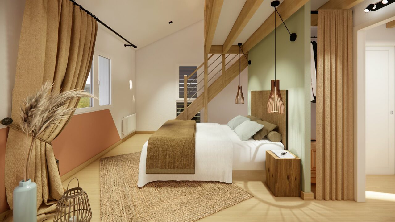 Chambre parentale avec mezzanine, rideaux en lin, bois clair et teintes naturelles dans une suite parentale à Orvault