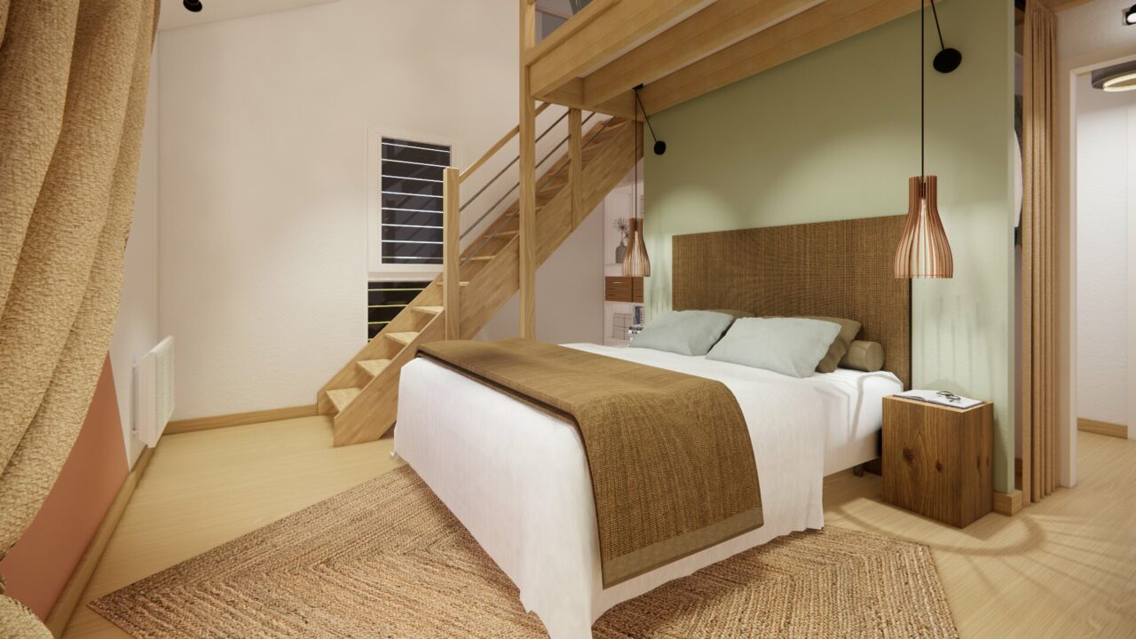 Chambre de suite parentale mezzanine Orvault avec lit double installé sous une mezzanine en bois sur mesure
