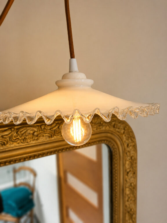 Luminaire rétro en verre installé dans une salle de bain sous combles à Sautron