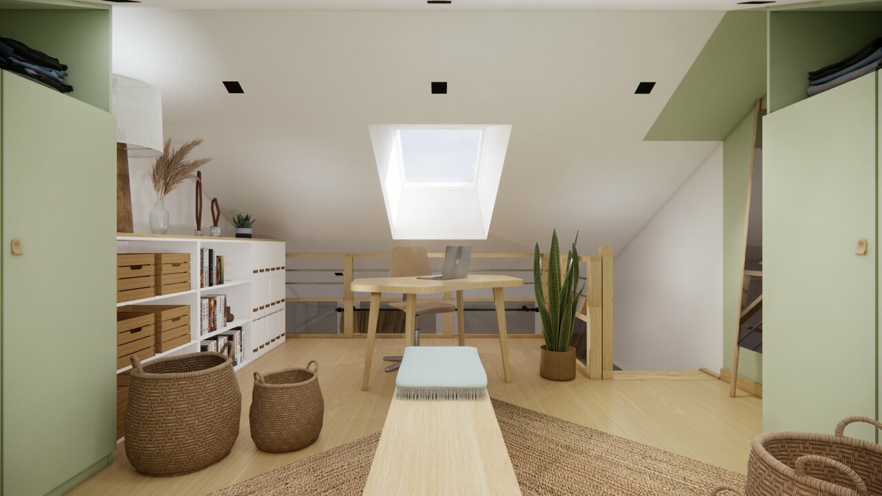 Espace bureau sur mesure sous Vélux dans une suite parentale mezzanine Orvault