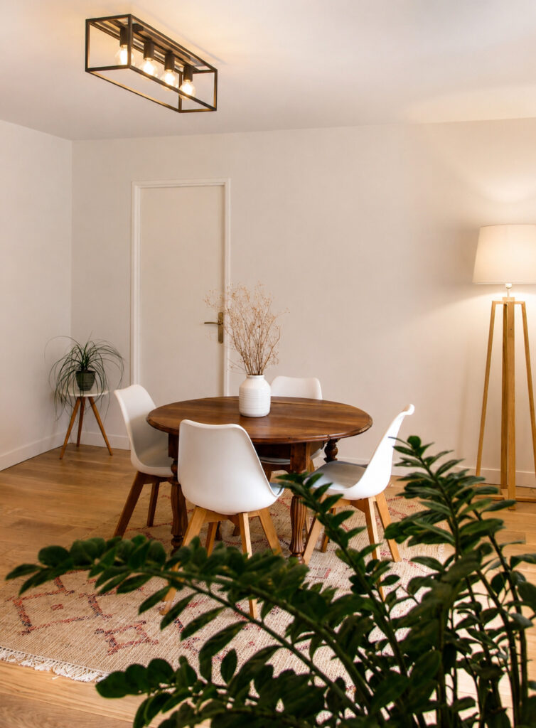 Salle à manger rénovée après sinistre à Nantes avec table ancienne restaurée, chaises contemporaines et décoration épurée.