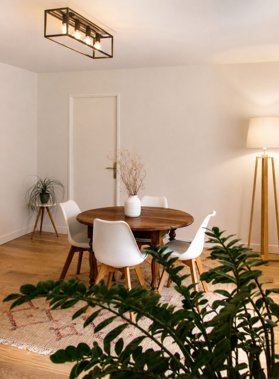 Salle à manger rénovée après sinistre à Nantes avec table ancienne restaurée, chaises contemporaines et décoration épurée.