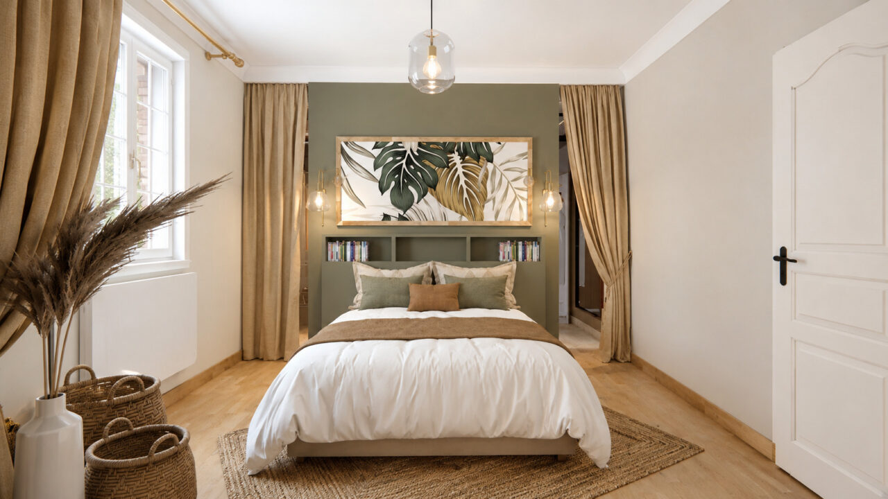 Chambre parentale rénovée avec tête de lit centrale, éclairages muraux, dressing traversant et décoration exotique à Saint-Sébastien-sur-Loire.