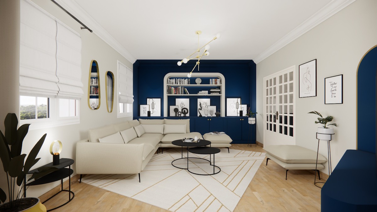 Salon Art Déco Bleu-Blanc-Gold à Saint-Sébastien-sur-Loire, bibliothèque sur mesure