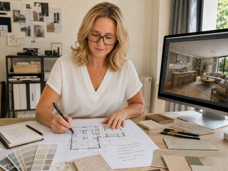 Architecte d’intérieur concevant un projet d’aménagement à partir de plans et d’une vue 3D