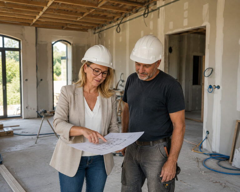 Architecte d’intérieur vérifiant un plan avec un artisan lors du suivi des travaux